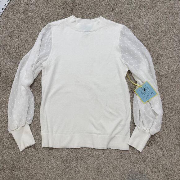 new CeCe XS mock neck clip swiss dot sheer sleeve sweater top TLS1 3063 - Picture 9 of 10